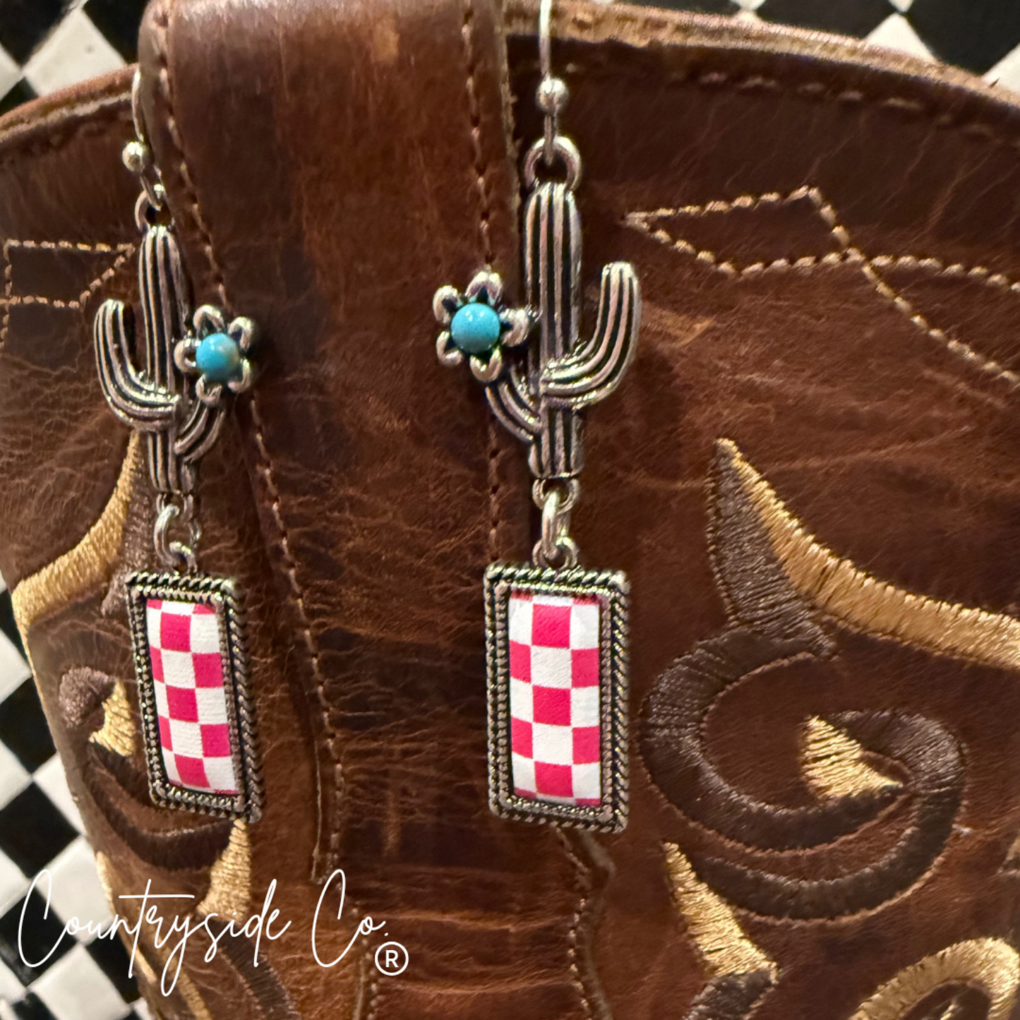 Wild West Pink Checkered Dangle Earrings