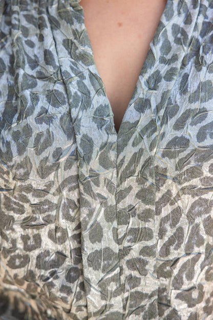 36808 Smocked Short Sleeve V-Neck Animal Print Top