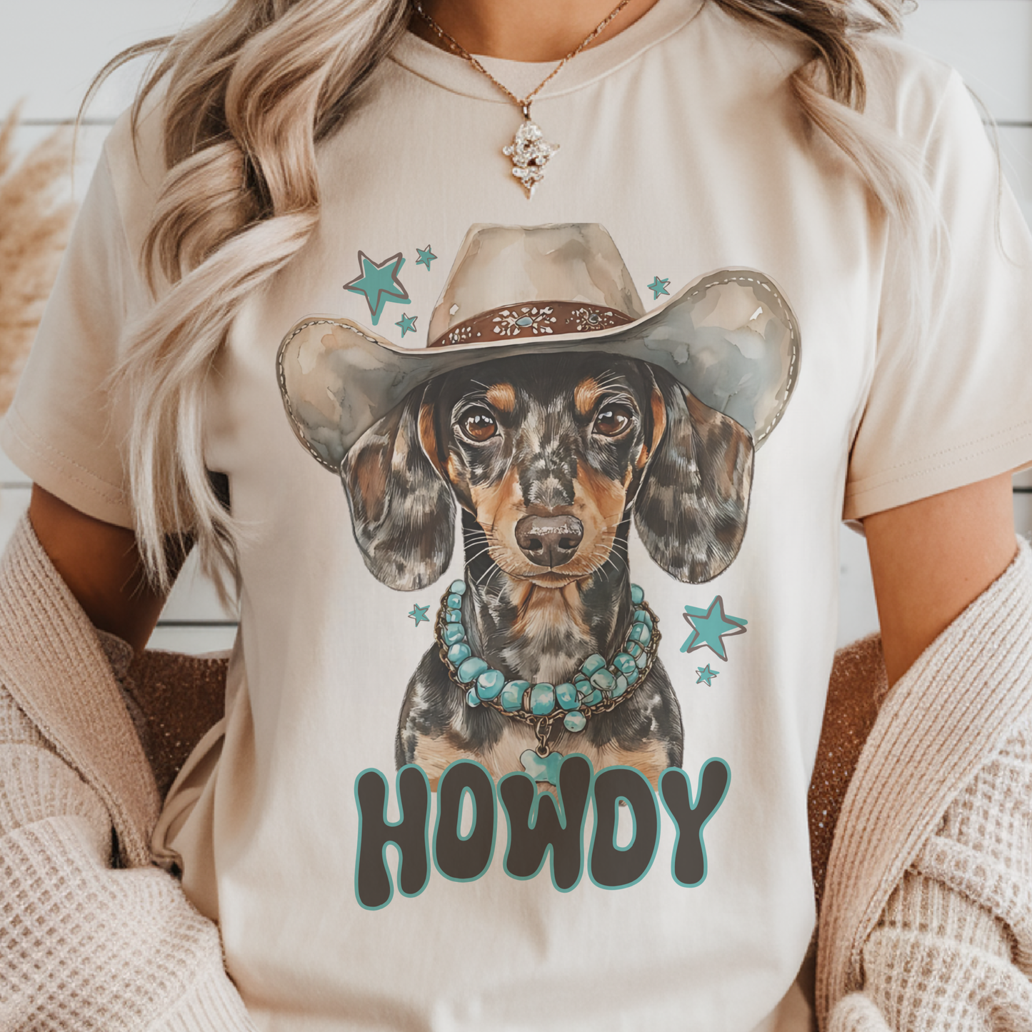Western Howdy Dog Dachshund Turquoise Cowboy Graphic Tee