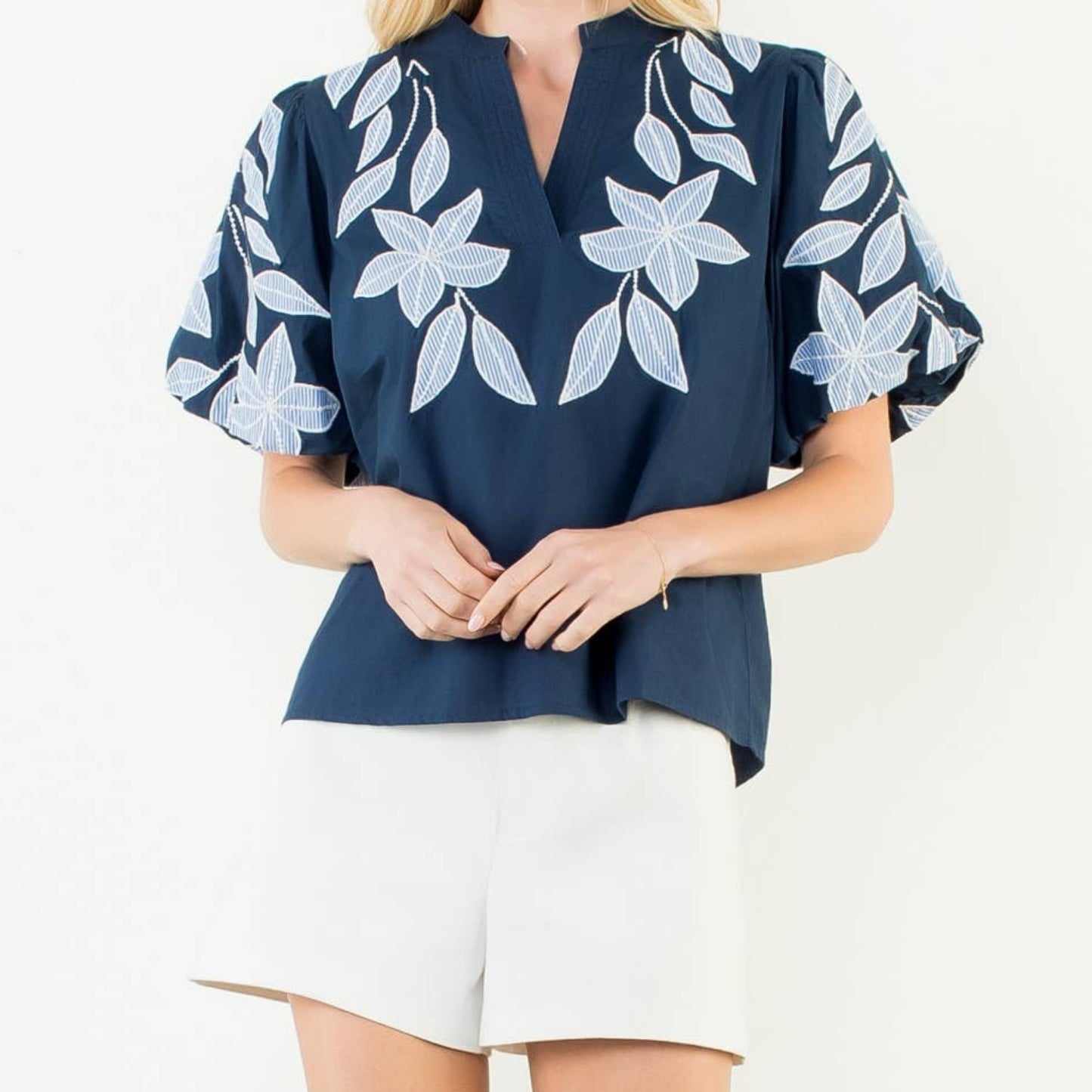 Puff Sleeve Floral Embroidery V-Neck Top