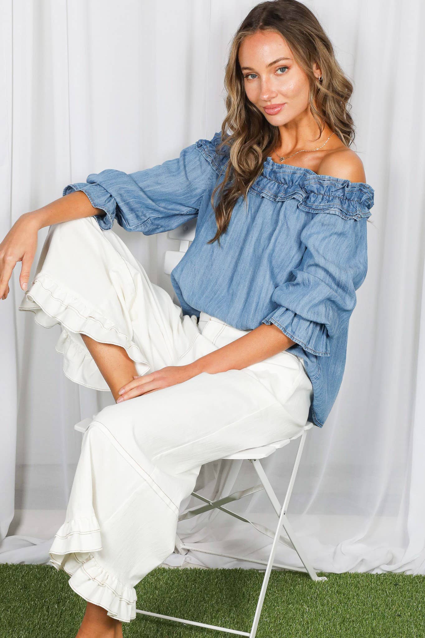 Casual Off The Shoulder Chambray Denim Blouse VT83373