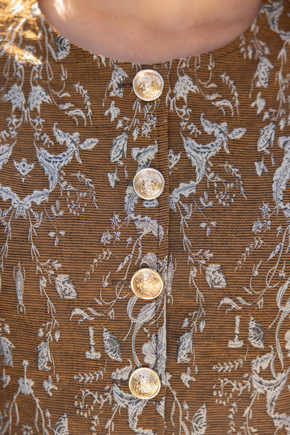 36908 Gold Button Down Floral Jacquard Top