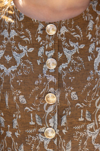 36908 Gold Button Down Floral Jacquard Top