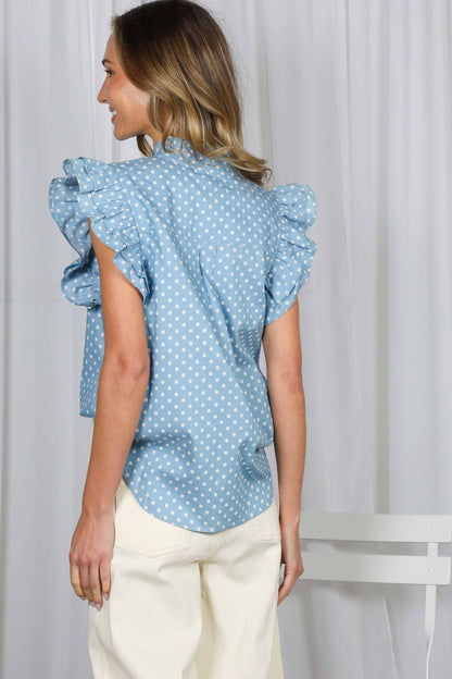 Playful Polka Dot Ruffle Accent Sleeve Shirt Top VT83115D