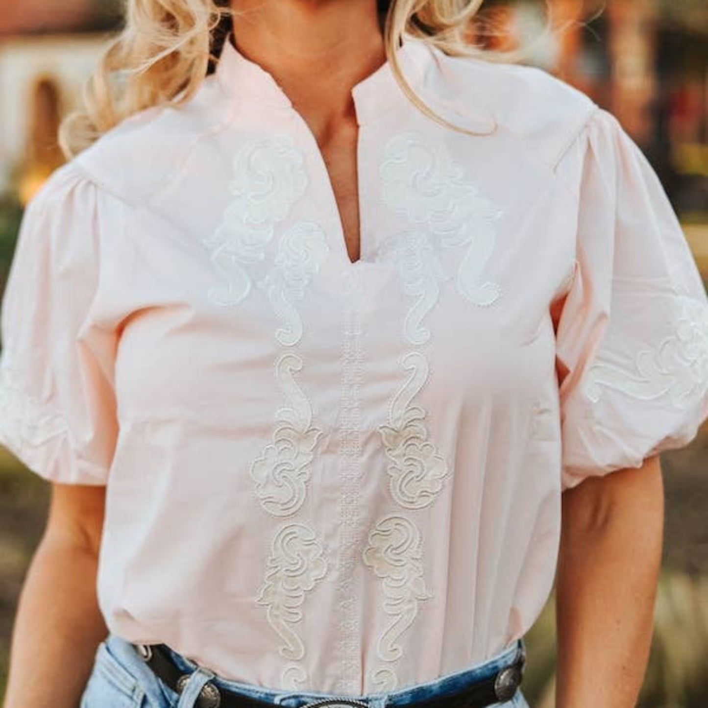 Soft Pink Western Embroidered Detail Blouse
