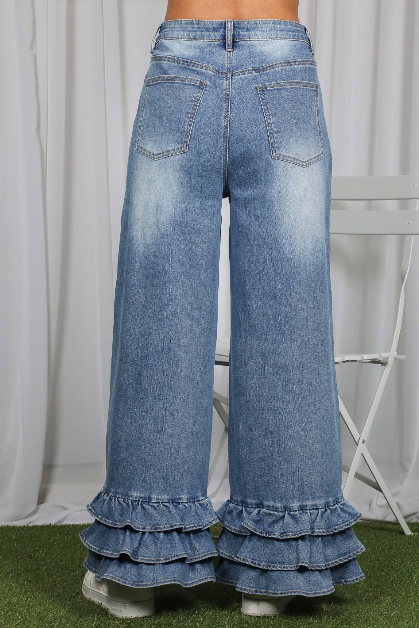 Flared Ruffle Hem Cropped Pants Denim Jeans