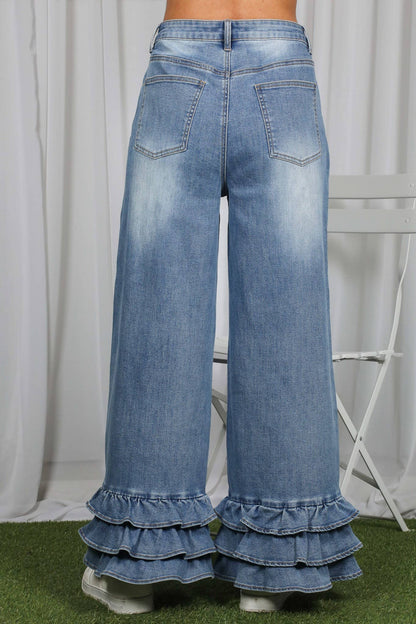 Flared Ruffle Hem Cropped Pants Denim Jeans