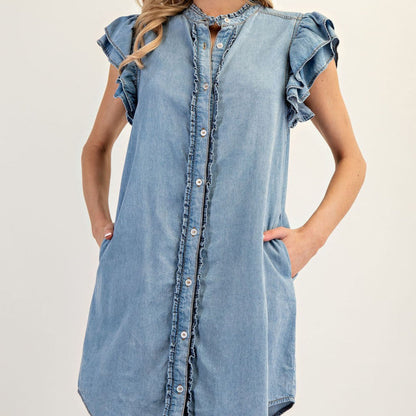 Button Down Ruffle Sleeve Mini Dress ✨