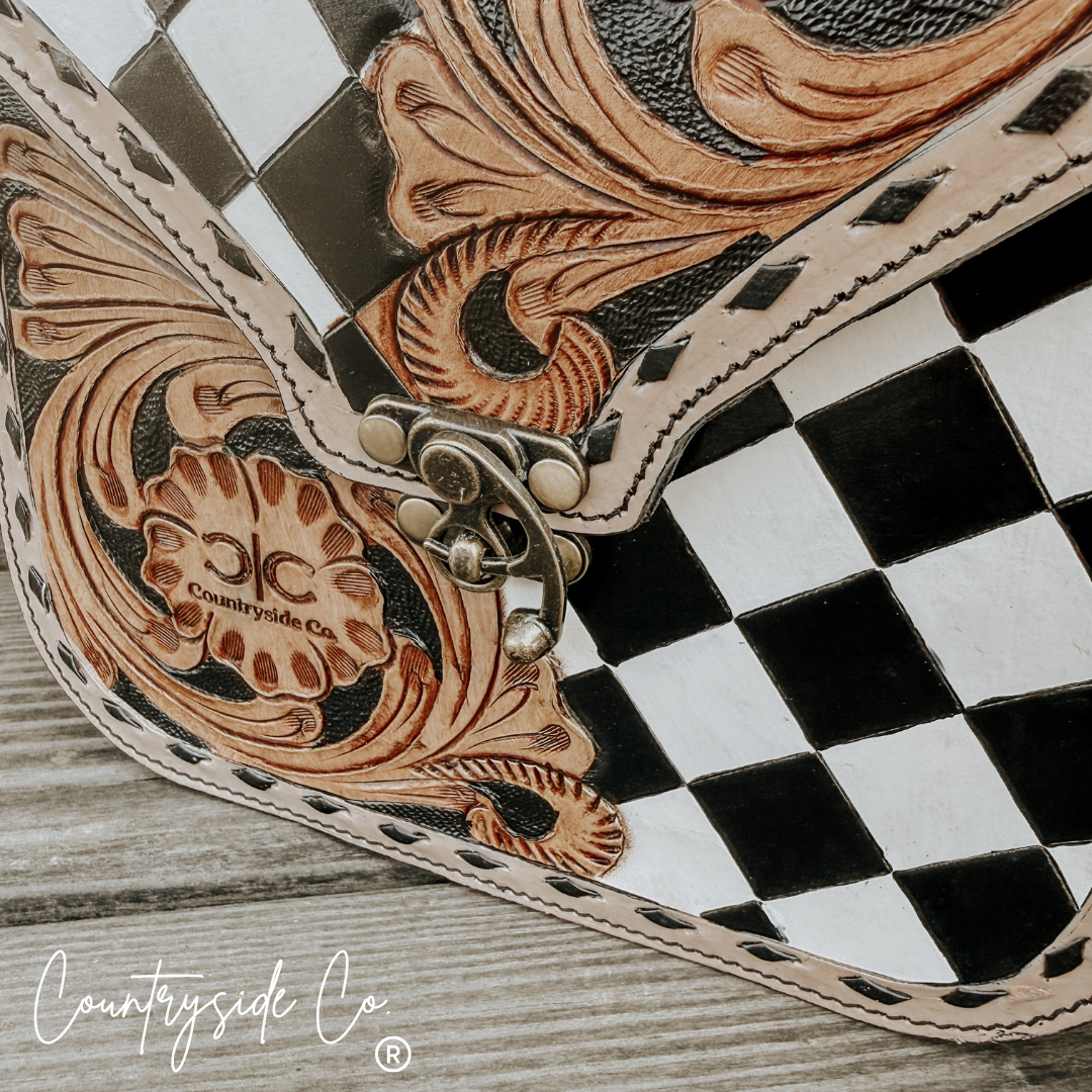 Melrose  Tooled Leather Checkered Handbag