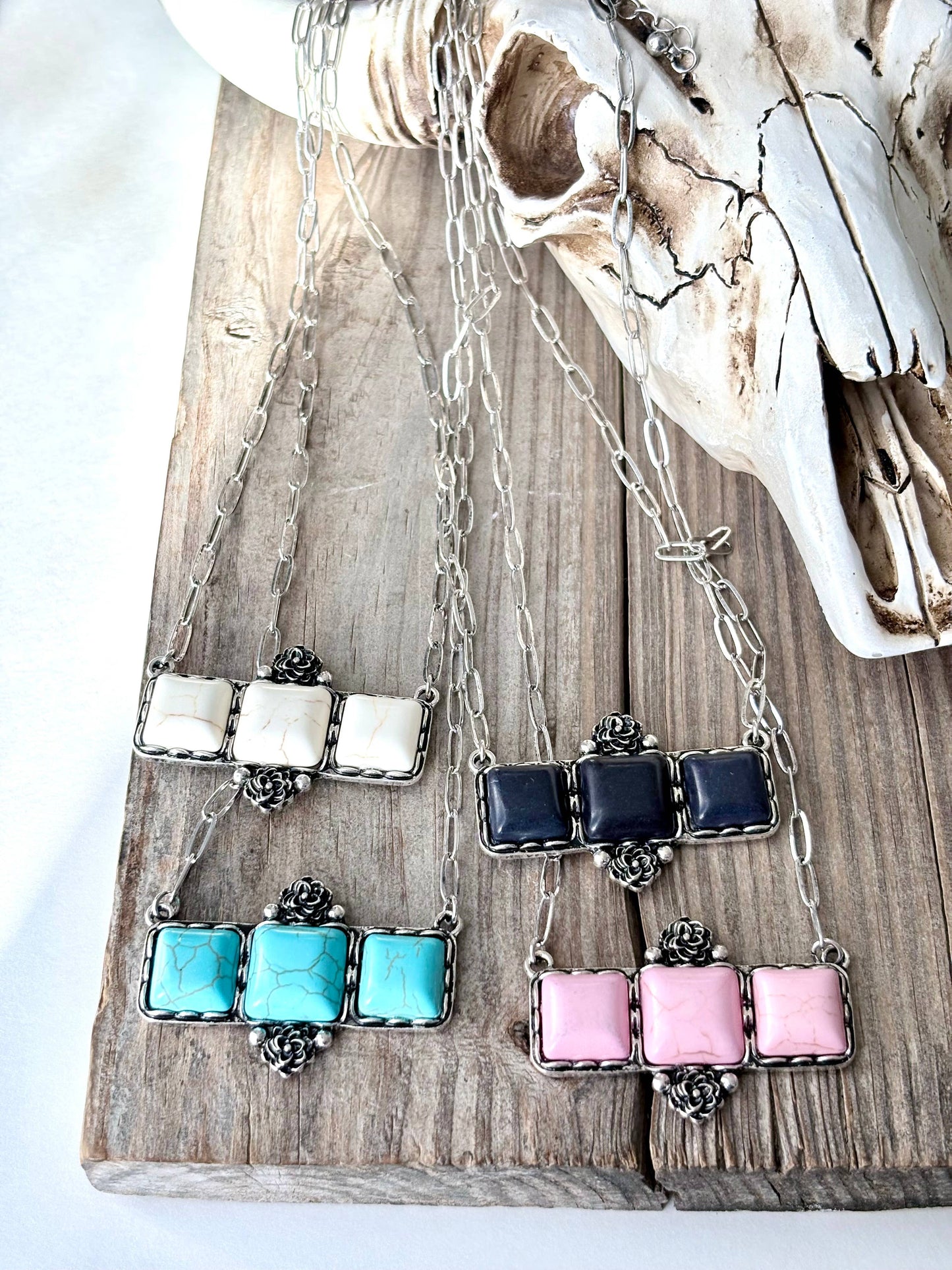 Western Style Square Stone Bar Pendant Chain Necklace
