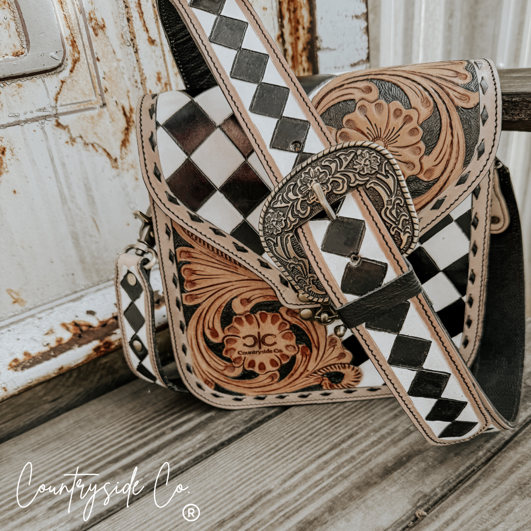 Melrose  Tooled Leather Checkered Handbag