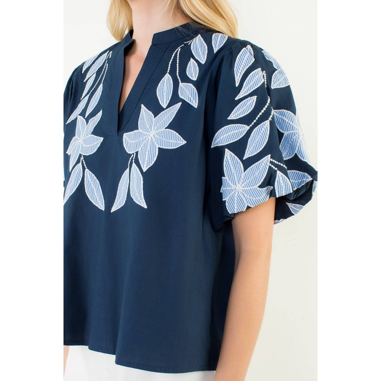 Puff Sleeve Floral Embroidery V-Neck Top