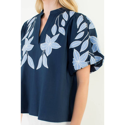 Puff Sleeve Floral Embroidery V-Neck Top