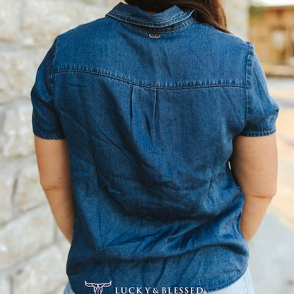 Mid Wash Contrast Embroidered Pearl Snap Short Sleeve Shirt