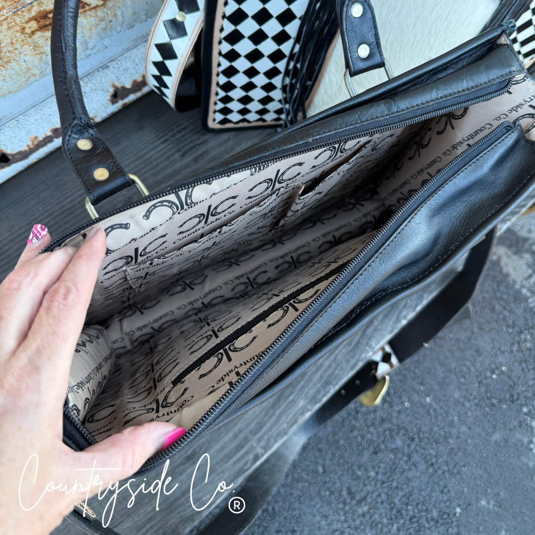 Tinsley Checkered Leather Cowhide Tote, Computer Bag