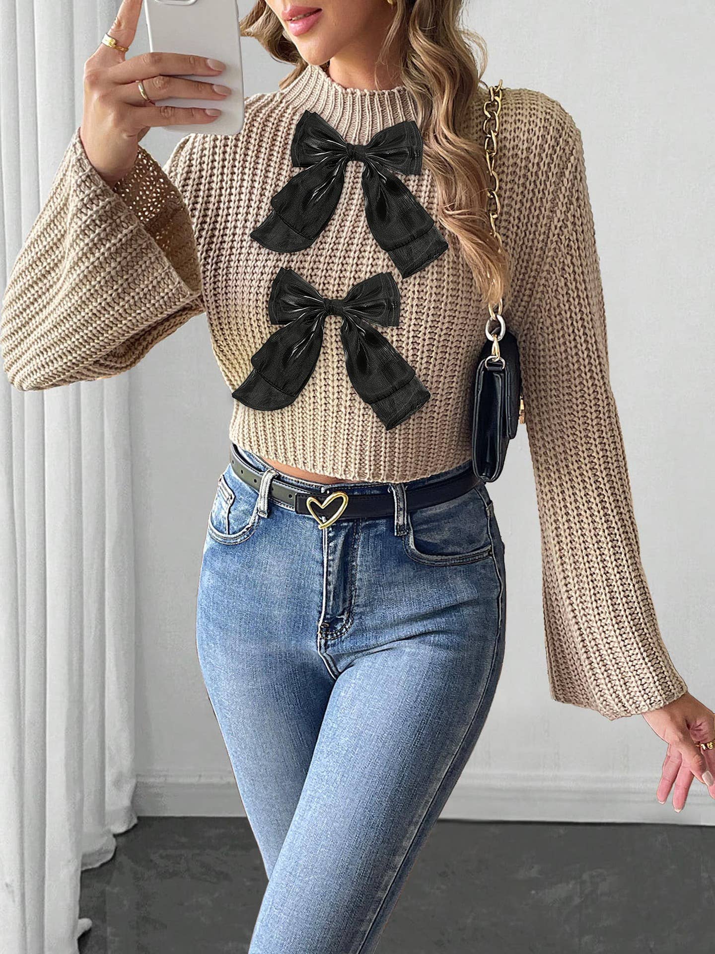 Bow embellished flared sleeve short sweater