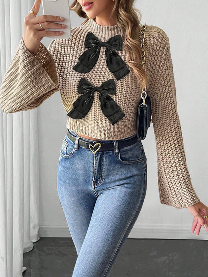 Bow embellished flared sleeve short sweater