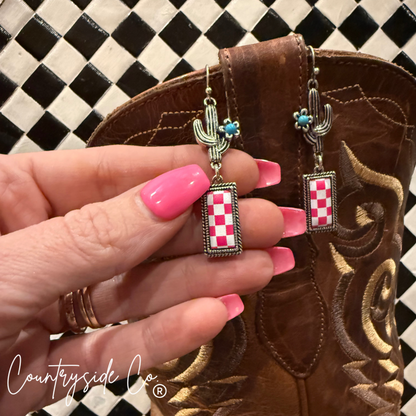 Wild West Pink Checkered Dangle Earrings