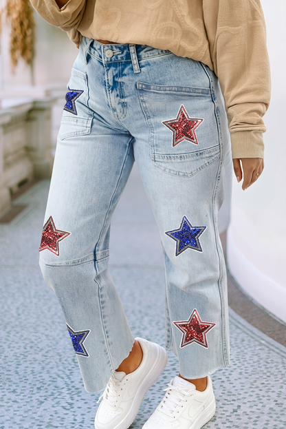 4the of July Patriotic Sequin Stars Patch Pocket Shift Jeans