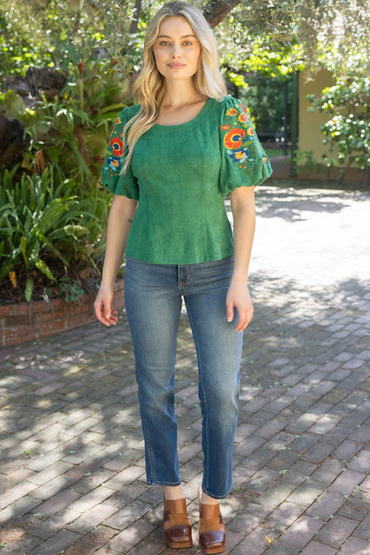 Deep Round Neck Floral Embroidered Suede Top