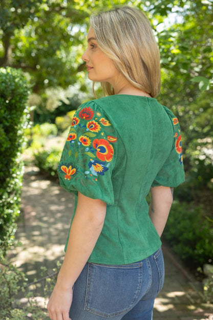 Deep Round Neck Floral Embroidered Suede Top