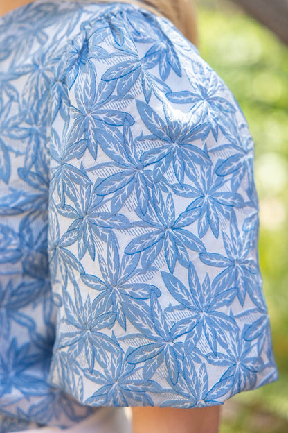 Short Bubble Sleeve Floral Jacquard Top
