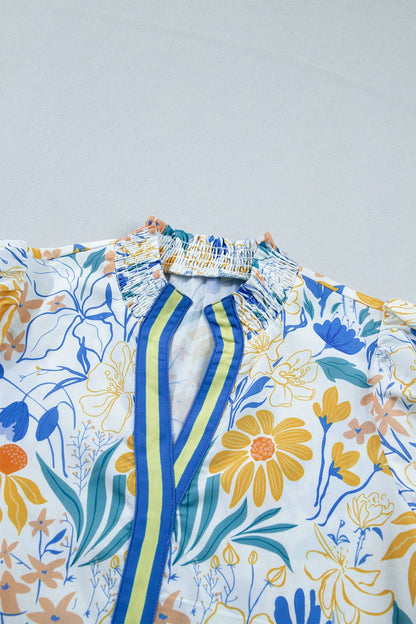 PRETTY BASH Floral Stripe Trim Puff Sleeve Blouse