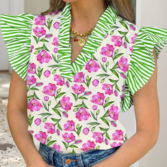 Floral Striped Short Sleeve V Neck Blouse