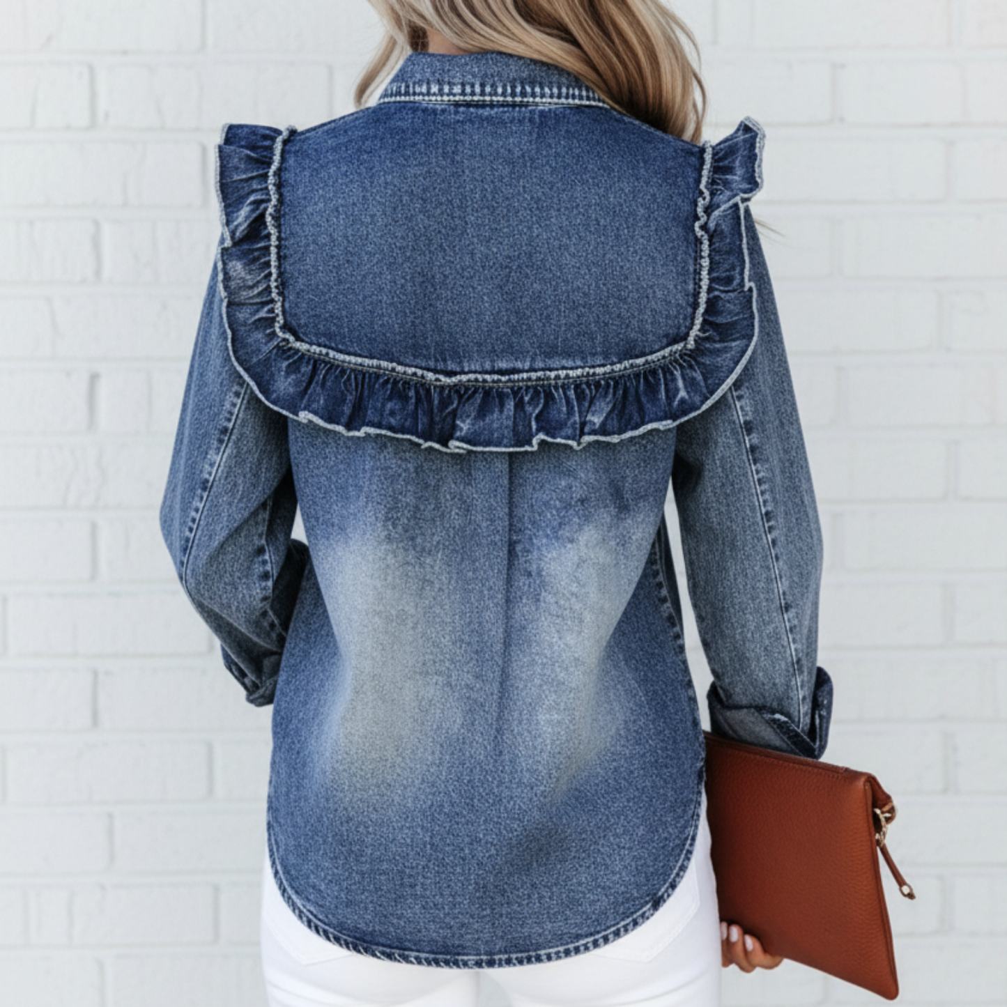 Denim Vintage Wash Ruffle Button-Down Shirt