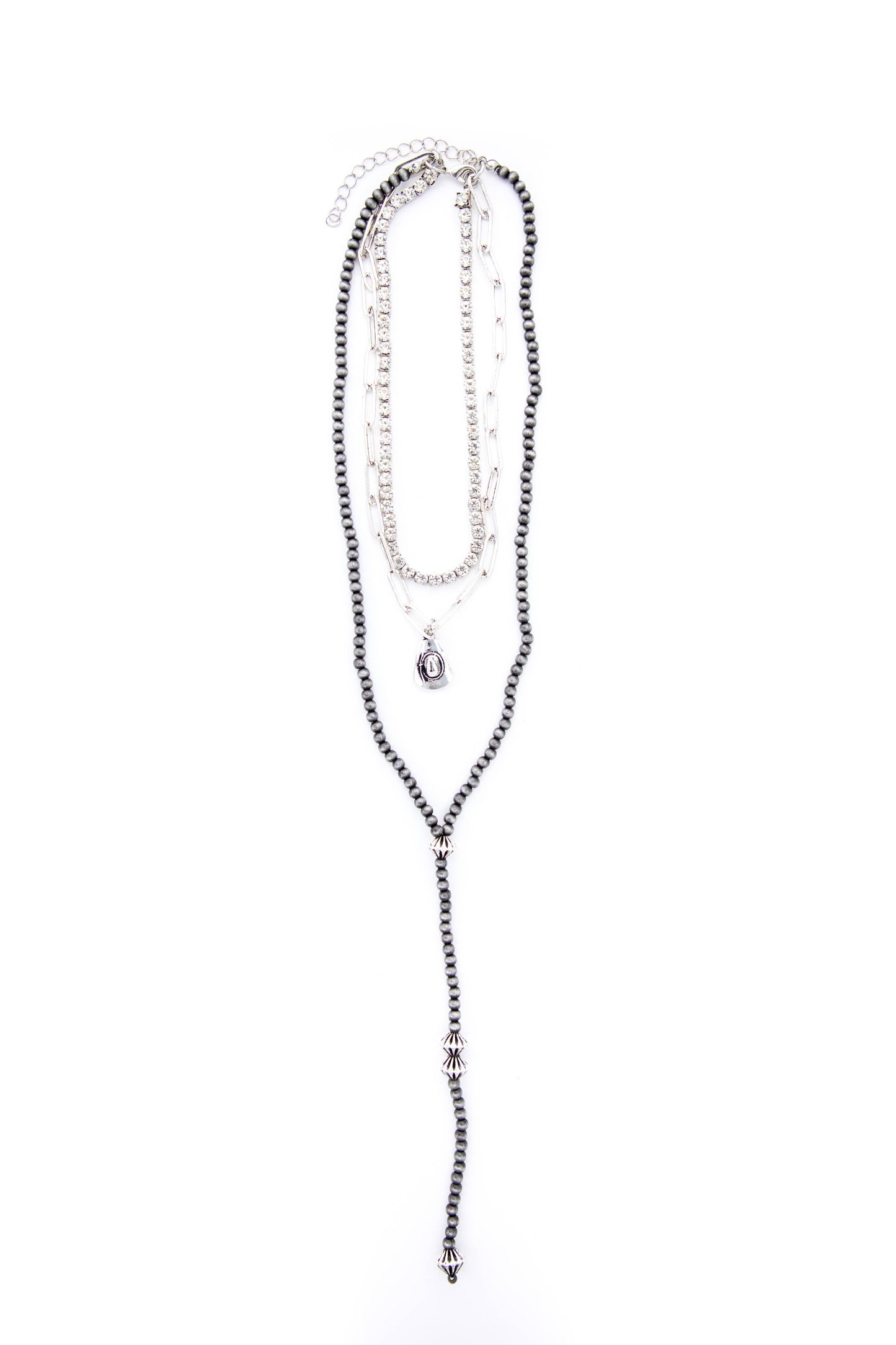 14/16/18" Silver Y-Necklace w/ Cowboy Hat & Pearls