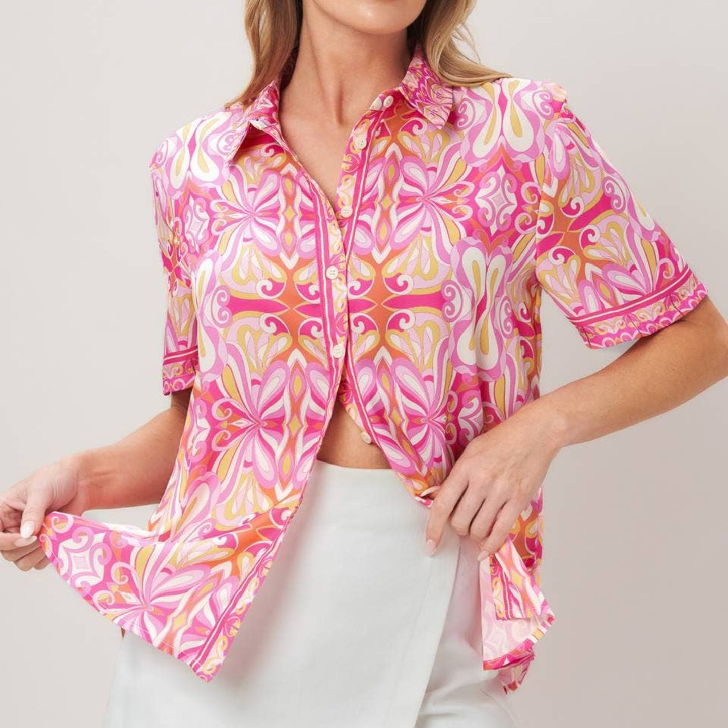A Mixed Print Collared Blouse