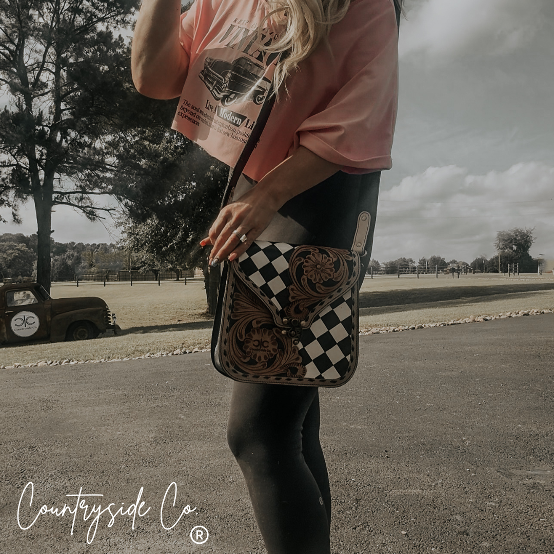 Melrose  Tooled Leather Checkered Handbag
