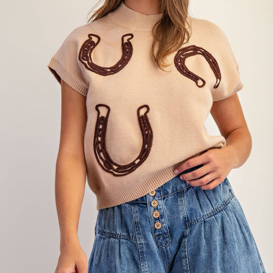 Horseshoe Embroidered Mock Neck Sweater