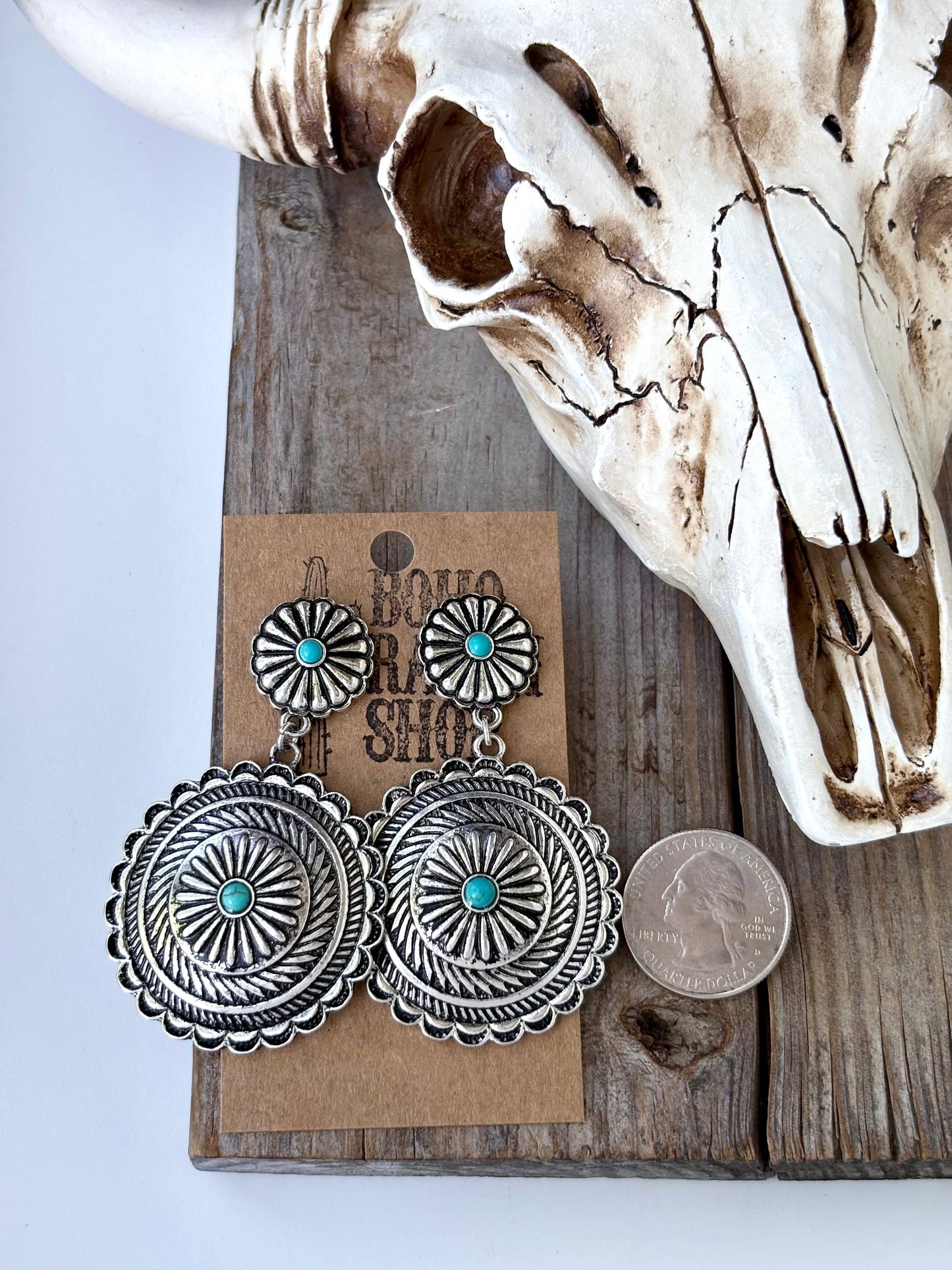 Western Round Concho w/ Stone Statement Post Drop Earrings