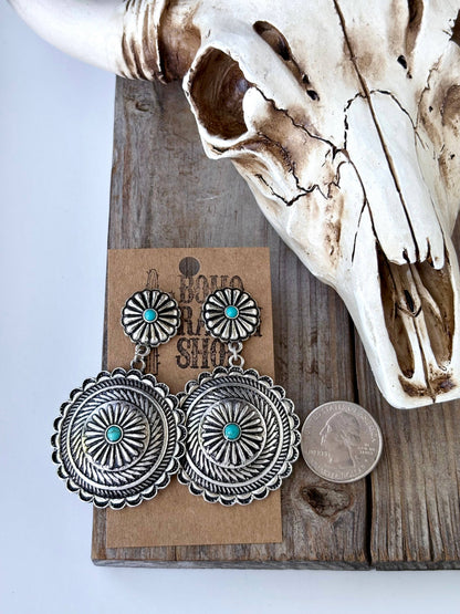 Western Round Concho w/ Stone Statement Post Drop Earrings