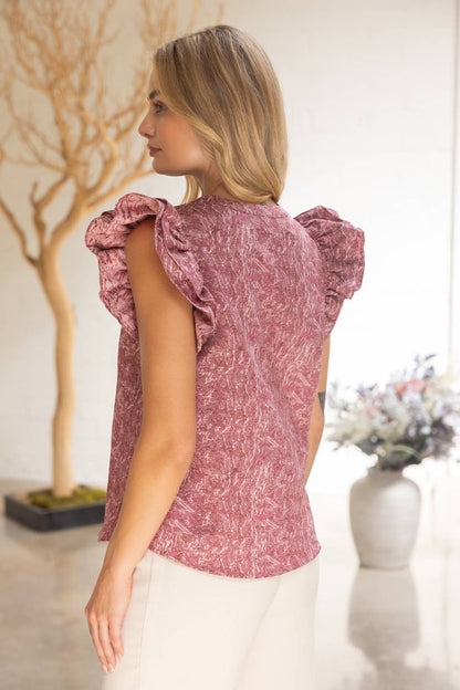 Ruffled Cap Sleeve Jacquard Top
