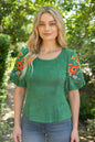 Deep Round Neck Floral Embroidered Suede Top