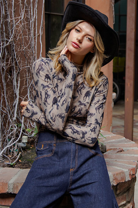 Mesh Western Horse Graphic Mock Neck Top ✨