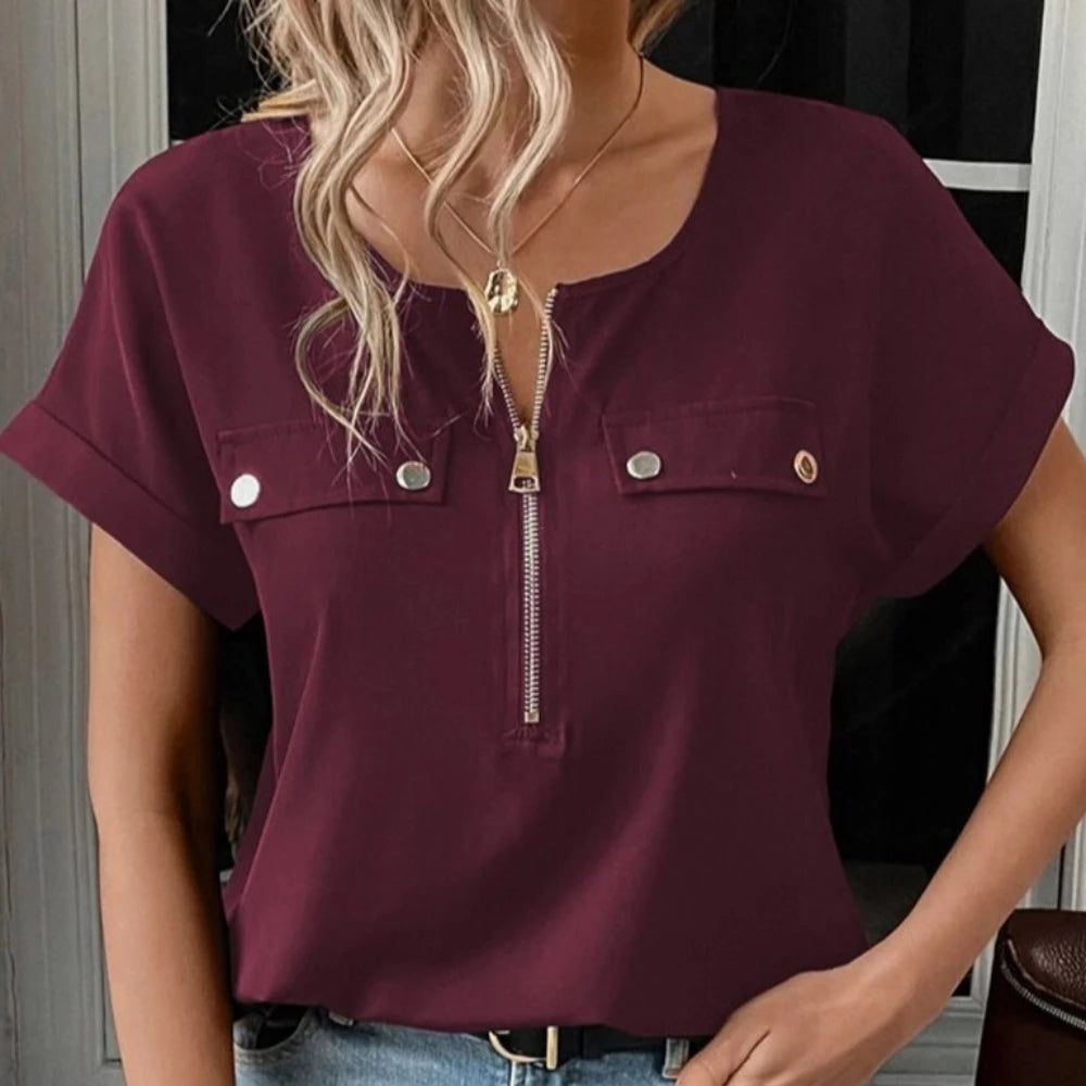 Half Zip Up Rolled Sleeve Blouse