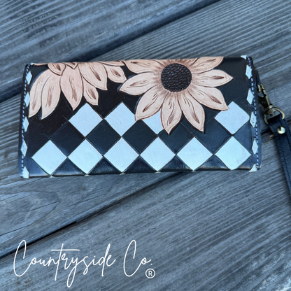 Sunflower Checkered Leather Wallet Wristlet