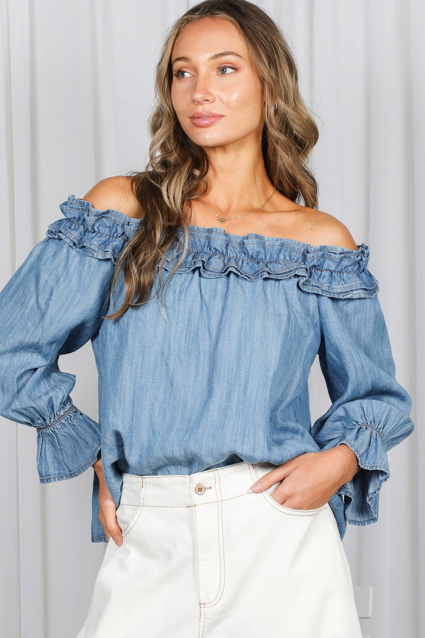 Casual Off The Shoulder Chambray Denim Blouse VT83373