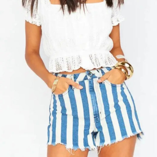 Striped Distressed Denim Shorts