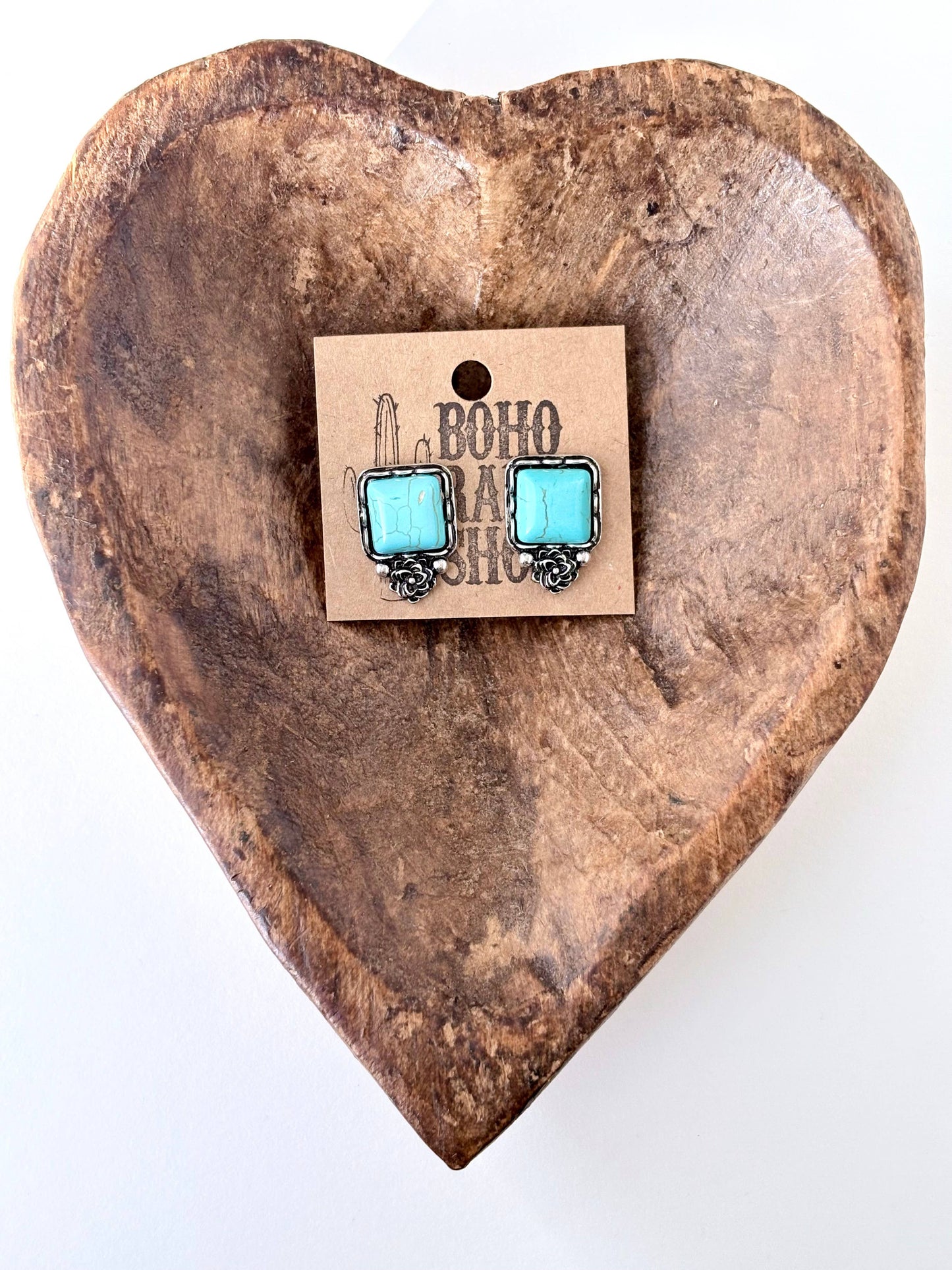 Western Style Square Stone & Flower Stud Earrings
