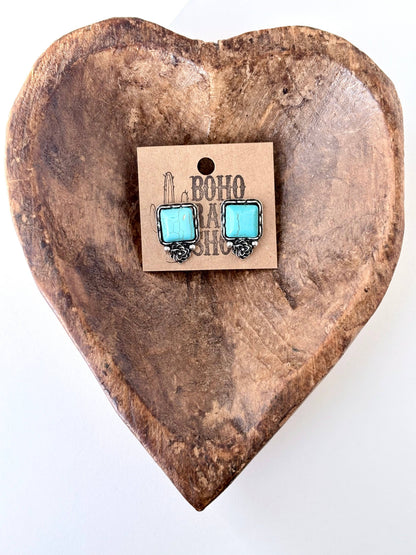 Western Style Square Stone & Flower Stud Earrings