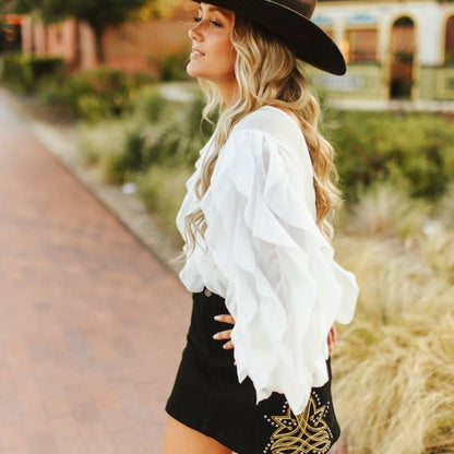 Ivory Ruffle Long Sleeve Elastic Waist Cuff OpenTie Back Top