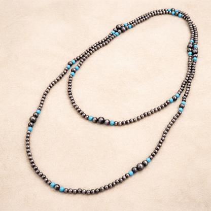 Long Western Style Navajo Pearl Turquoise Stone Necklace