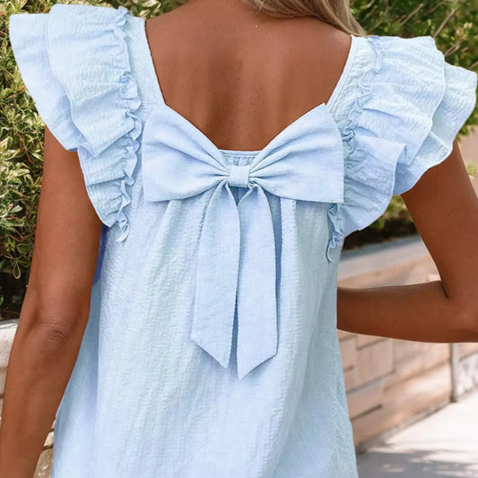Textured Bow Knot Frilled Butterfly Sleeve Blouse