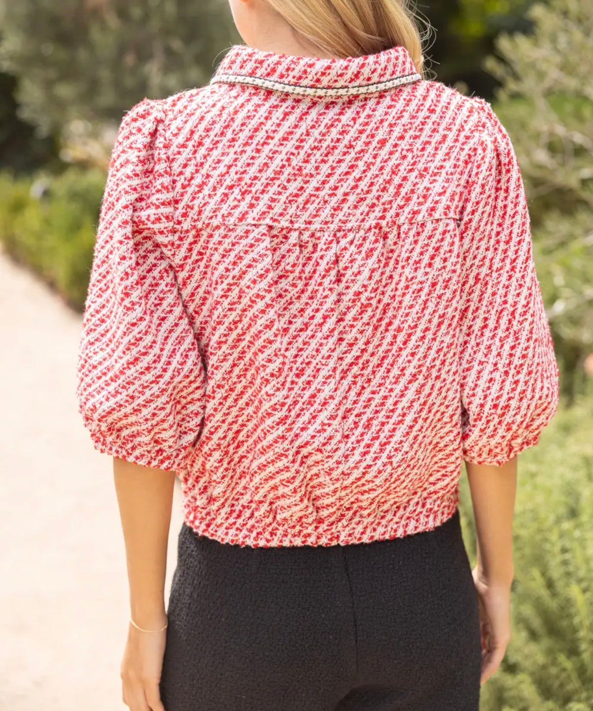 Pearl Quarter Button collared Tweed Top 36950