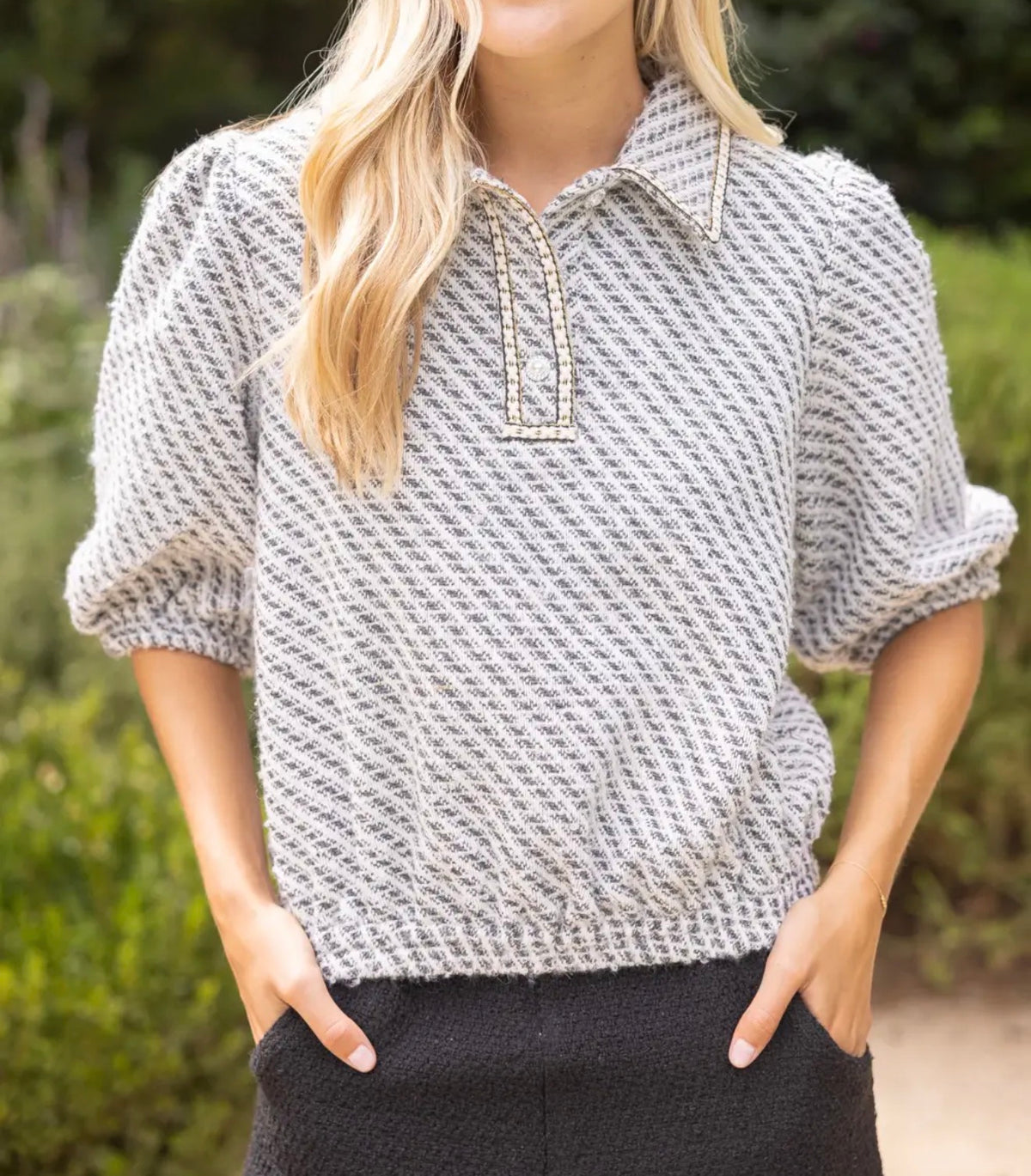 Pearl Quarter Button collared Tweed Top 36950