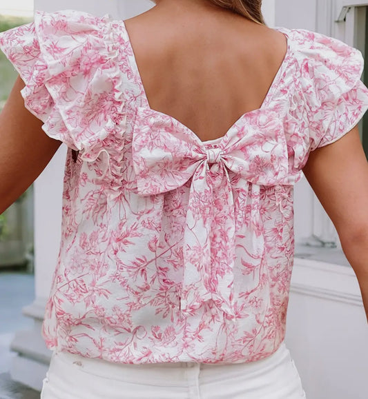 Floral Ruffle Sleeve Square Neck Bow Blouse